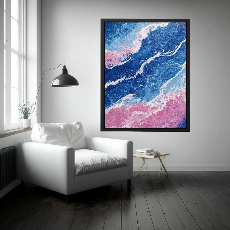 Blue and pink abstract ocean artwork for modern living room wall decor