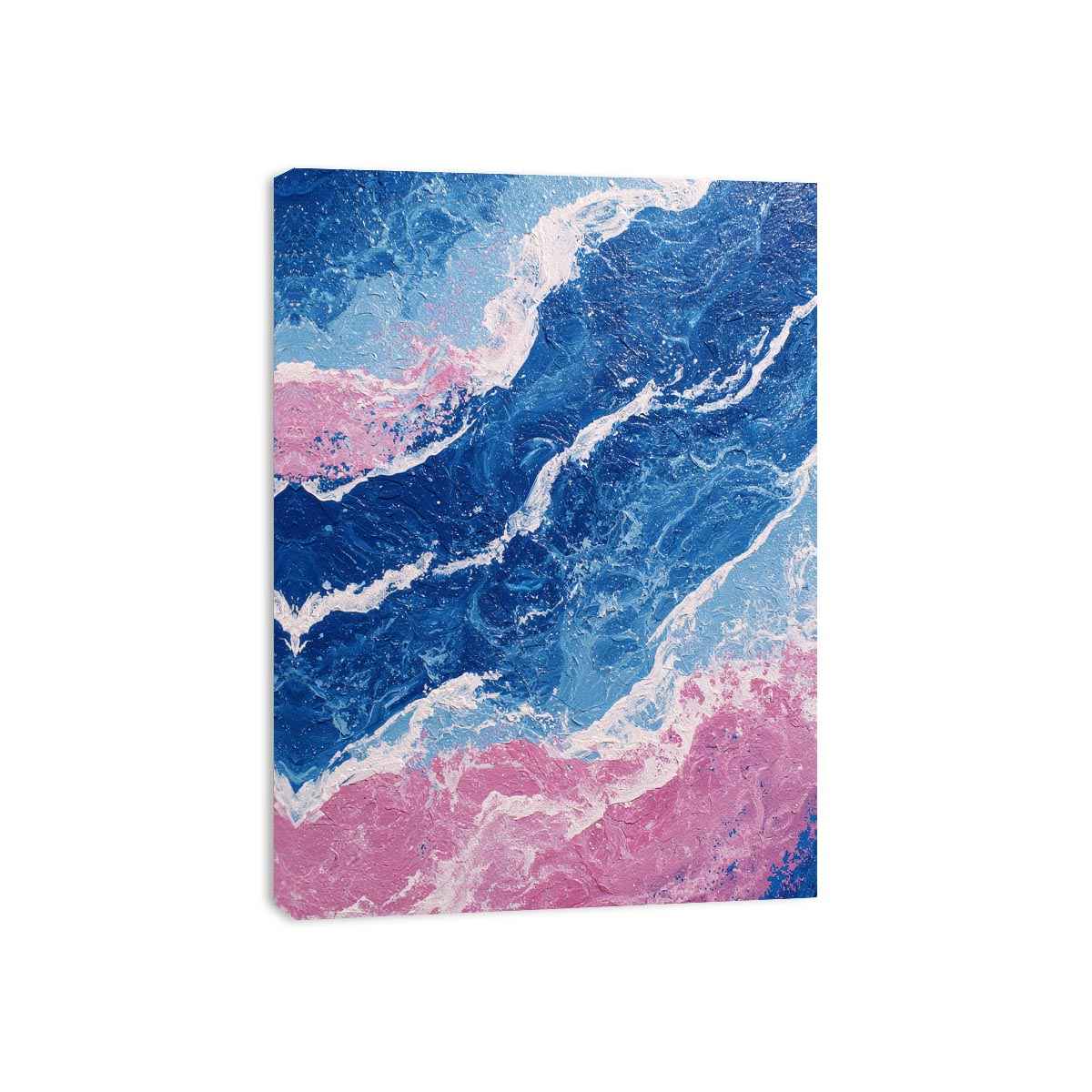 Blue and pink abstract ocean artwork for modern living room wall decor