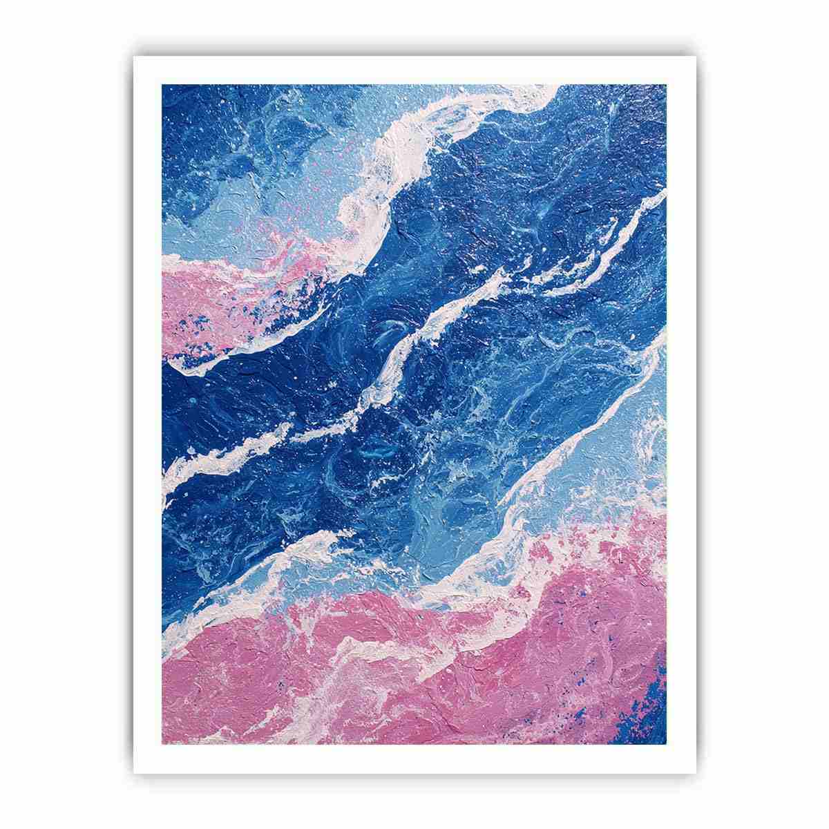 Blue and pink abstract ocean artwork for modern living room wall decor