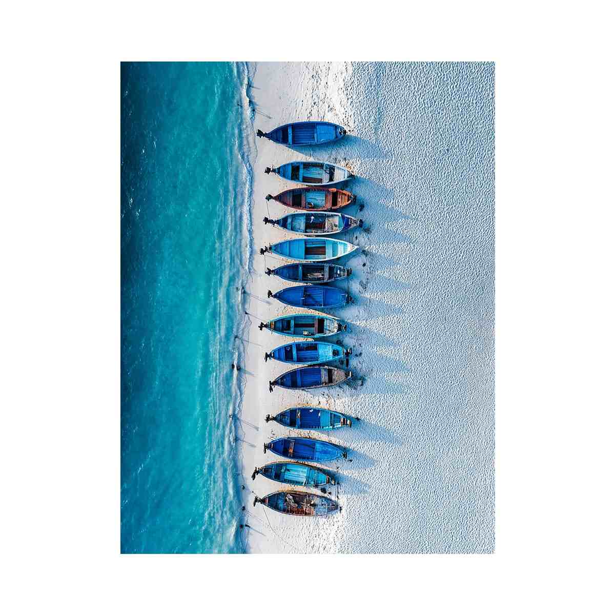 Aerial boats on white sand coastal photography for beach house decor