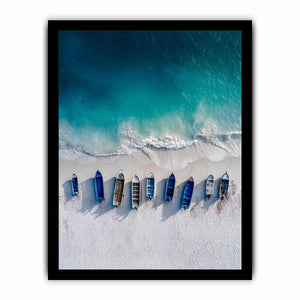 Aerial coastal boats and shoreline photography for modern beach house decor