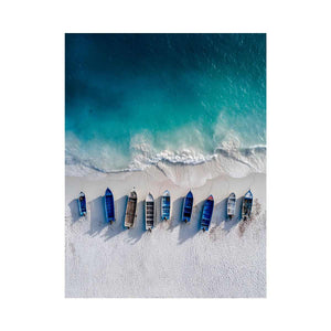 Aerial coastal boats and shoreline photography for modern beach house decor