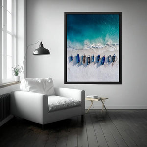 Aerial coastal boats and shoreline photography for modern beach house decor