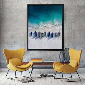 Aerial coastal boats and shoreline photography for modern beach house decor