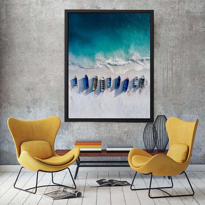 Aerial coastal boats and shoreline photography for modern beach house decor