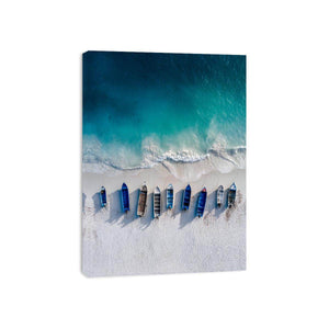 Aerial coastal boats and shoreline photography for modern beach house decor