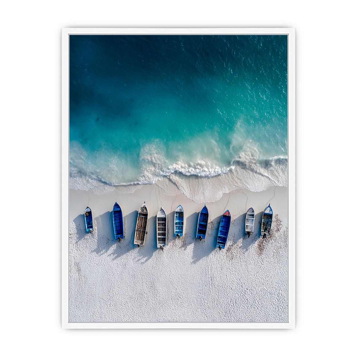 Aerial coastal boats and shoreline photography for modern beach house decor