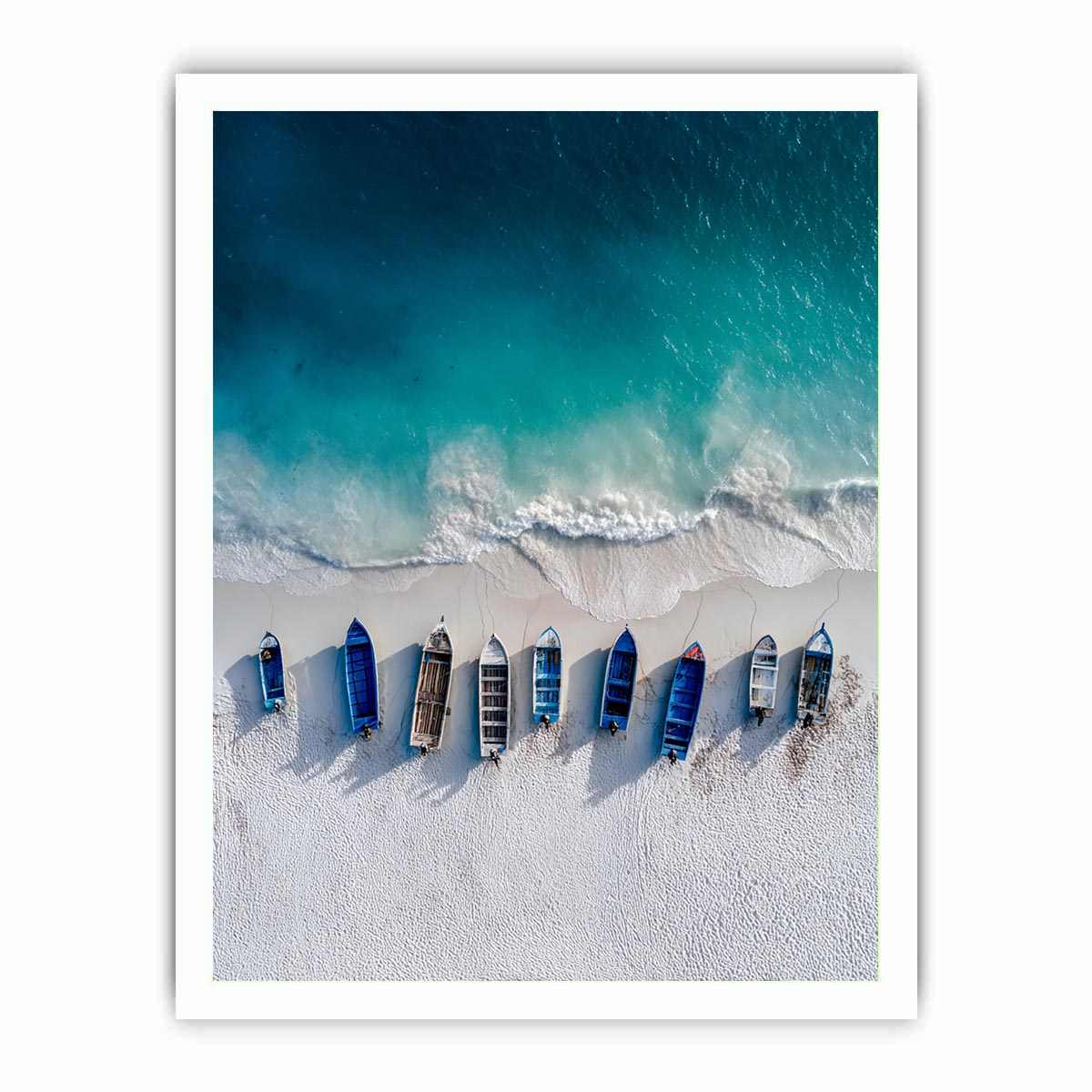 Aerial coastal boats and shoreline photography for modern beach house decor