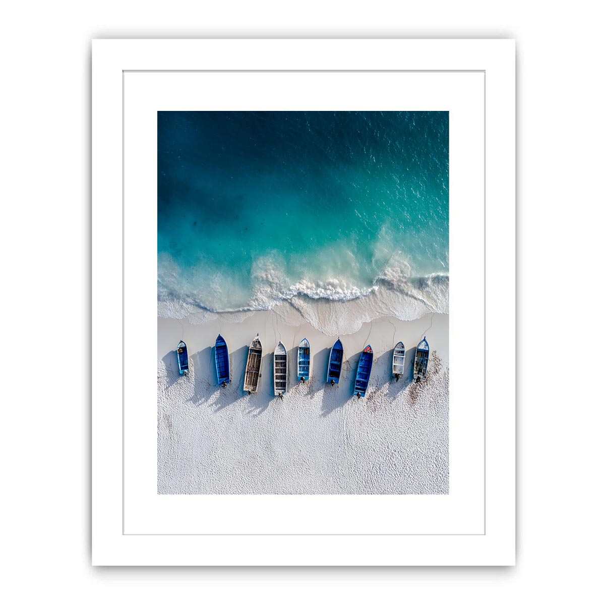 Aerial coastal boats and shoreline photography for modern beach house decor