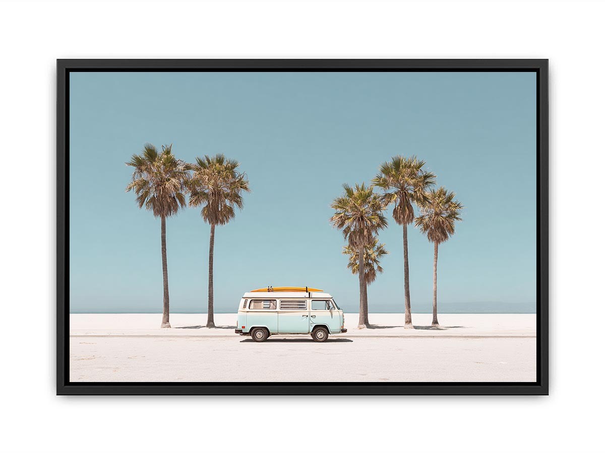 Vintage beach van and palm trees photography for coastal living room decor