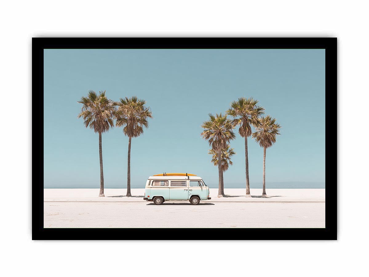 Vintage beach van and palm trees photography for coastal living room decor
