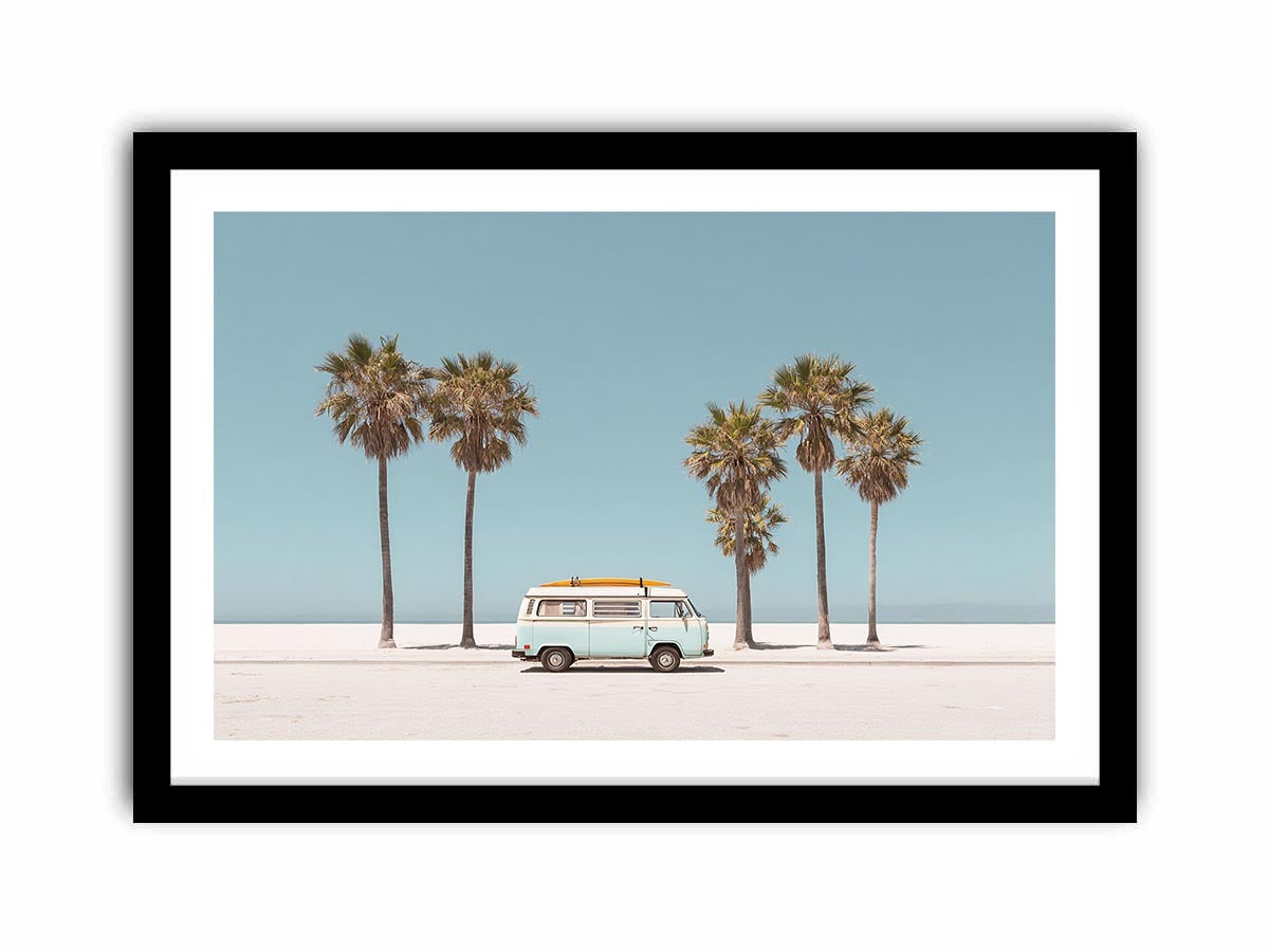 Vintage beach van and palm trees photography for coastal living room decor