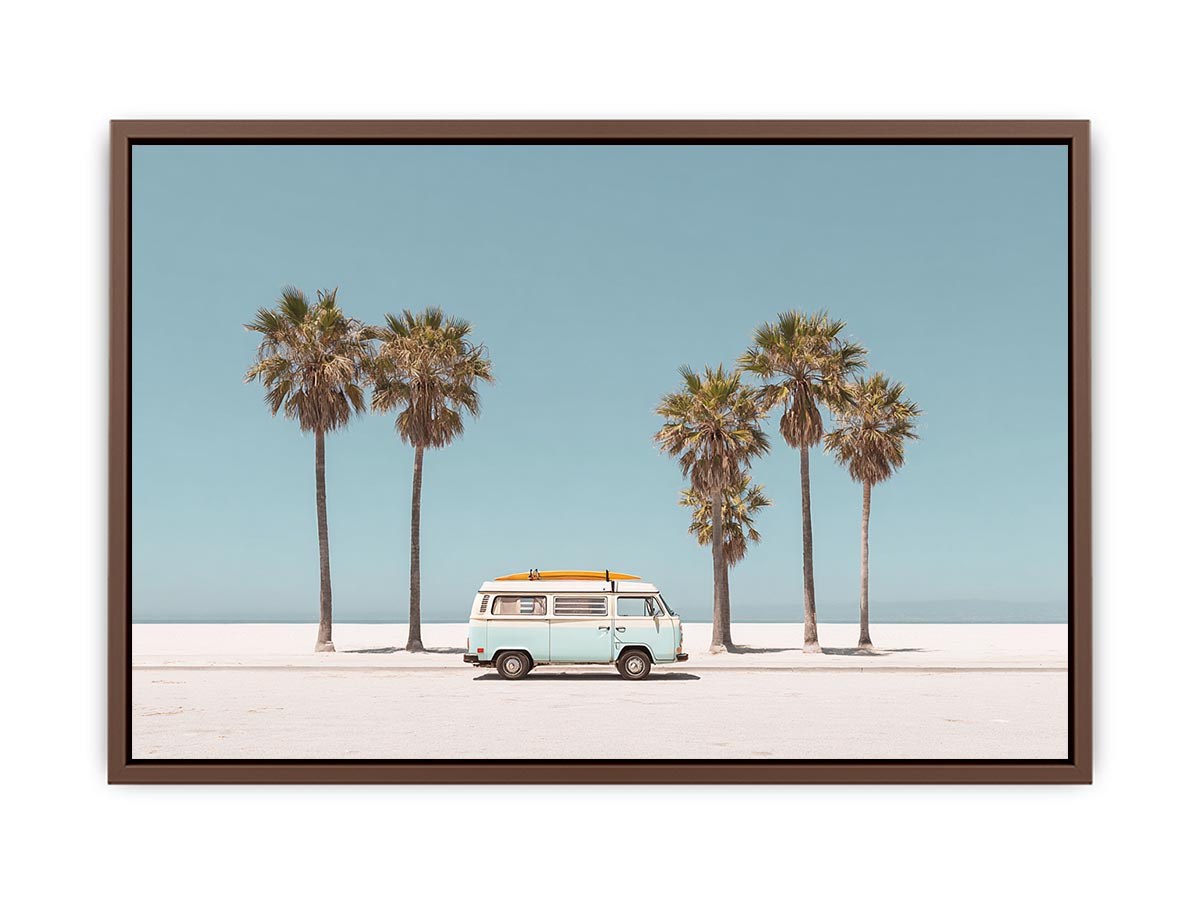 Vintage beach van and palm trees photography for coastal living room decor