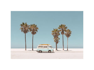 Vintage beach van and palm trees photography for coastal living room decor