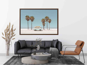 Vintage beach van and palm trees photography for coastal living room decor