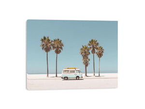 Vintage beach van and palm trees photography for coastal living room decor