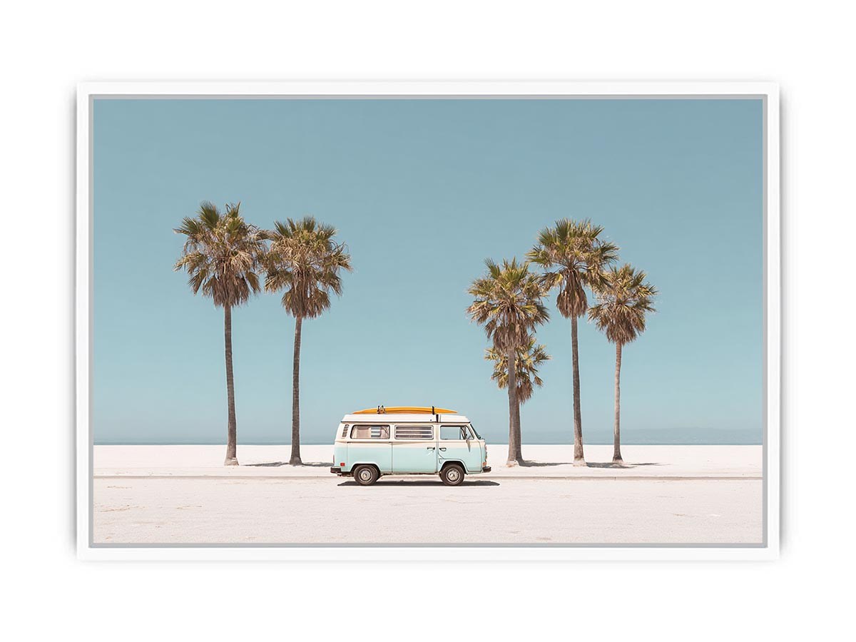 Vintage beach van and palm trees photography for coastal living room decor