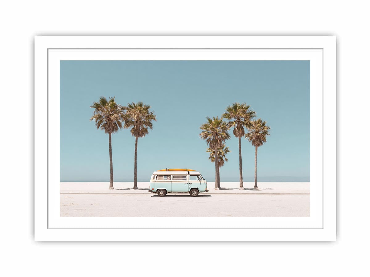 Vintage beach van and palm trees photography for coastal living room decor