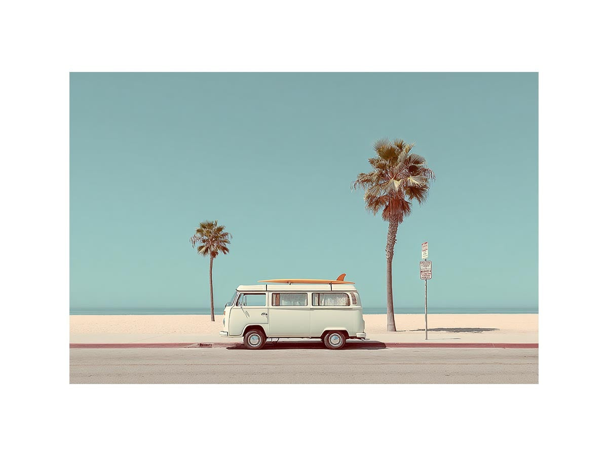 Vintage surf van coastal photography for beach house and living room decor