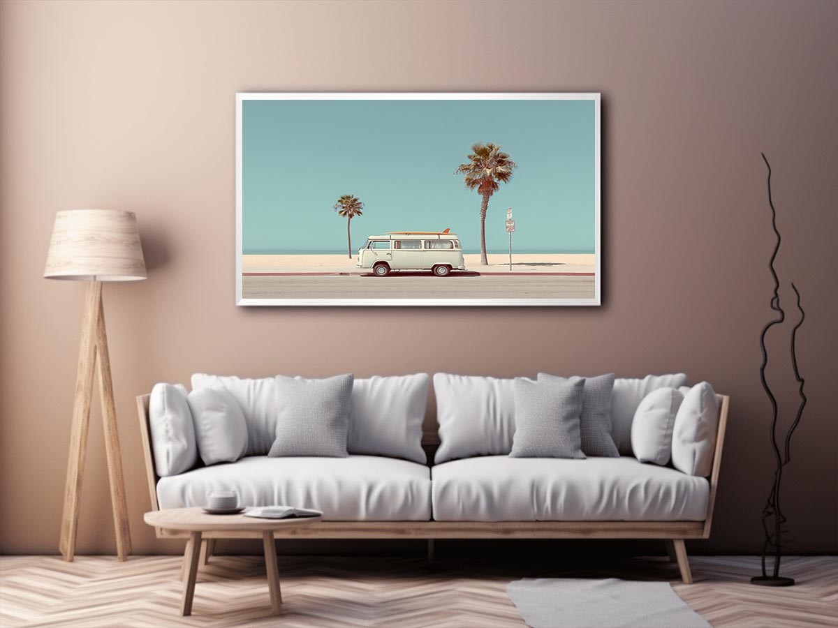 Vintage surf van coastal photography for beach house and living room decor