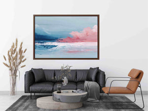 Pink and blue abstract seascape art for elegant modern bedroom decor
