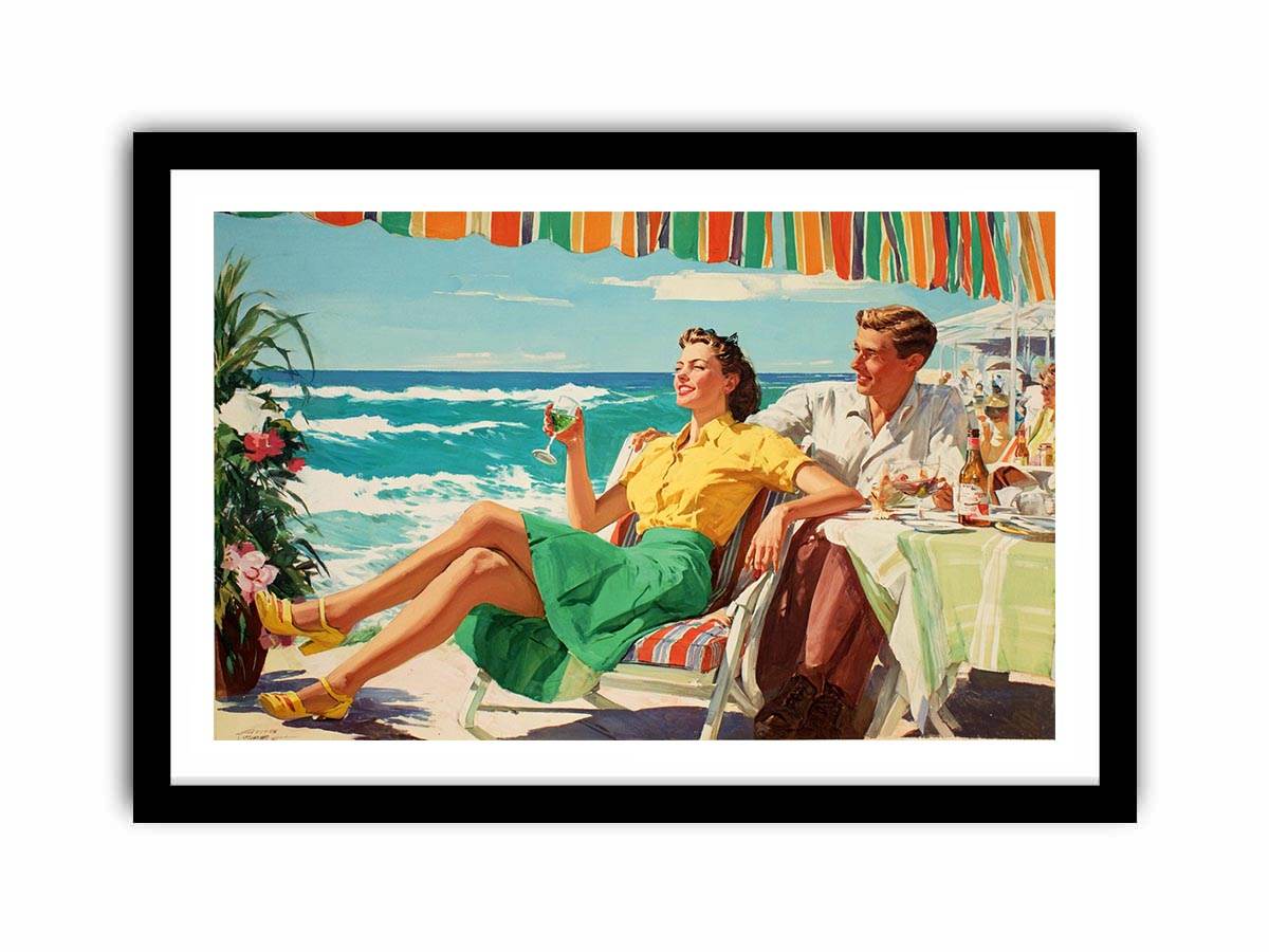 Vintage coastal dining illustration for elegant beach house wall decor