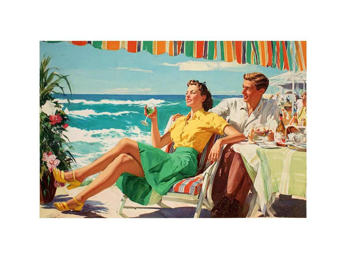 Vintage coastal dining illustration for elegant beach house wall decor