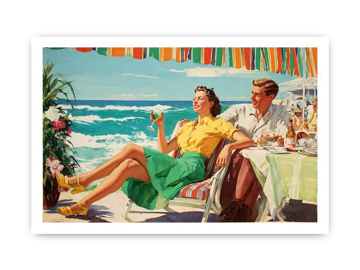 Vintage coastal dining illustration for elegant beach house wall decor