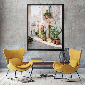 Sunlit Mediterranean Lane coastal artwork for modern living room decor