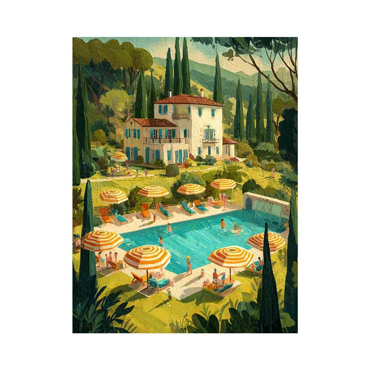 Mediterranean villa with pool artwork for elegant living room decor