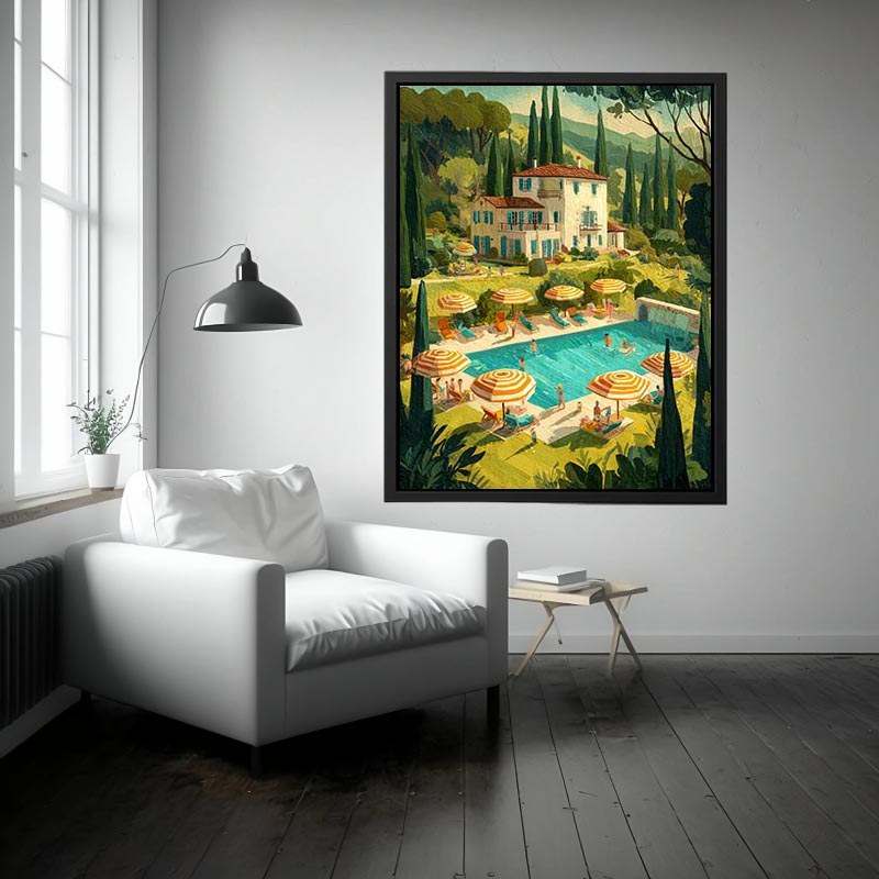 Mediterranean villa with pool artwork for elegant living room decor