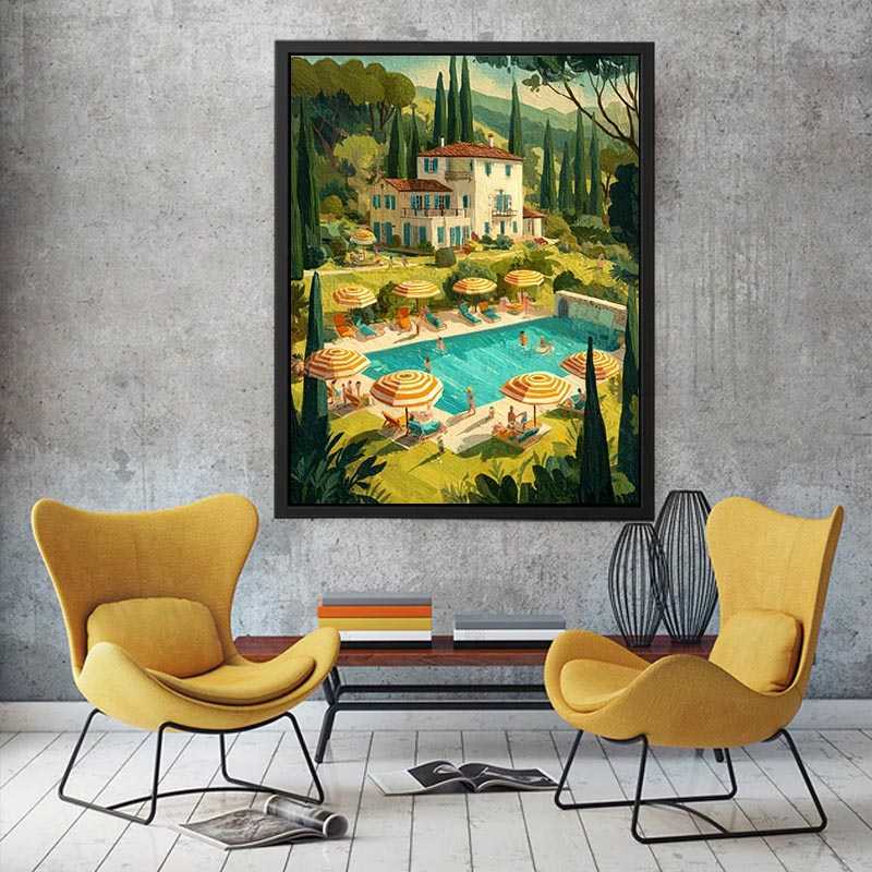 Mediterranean villa with pool artwork for elegant living room decor