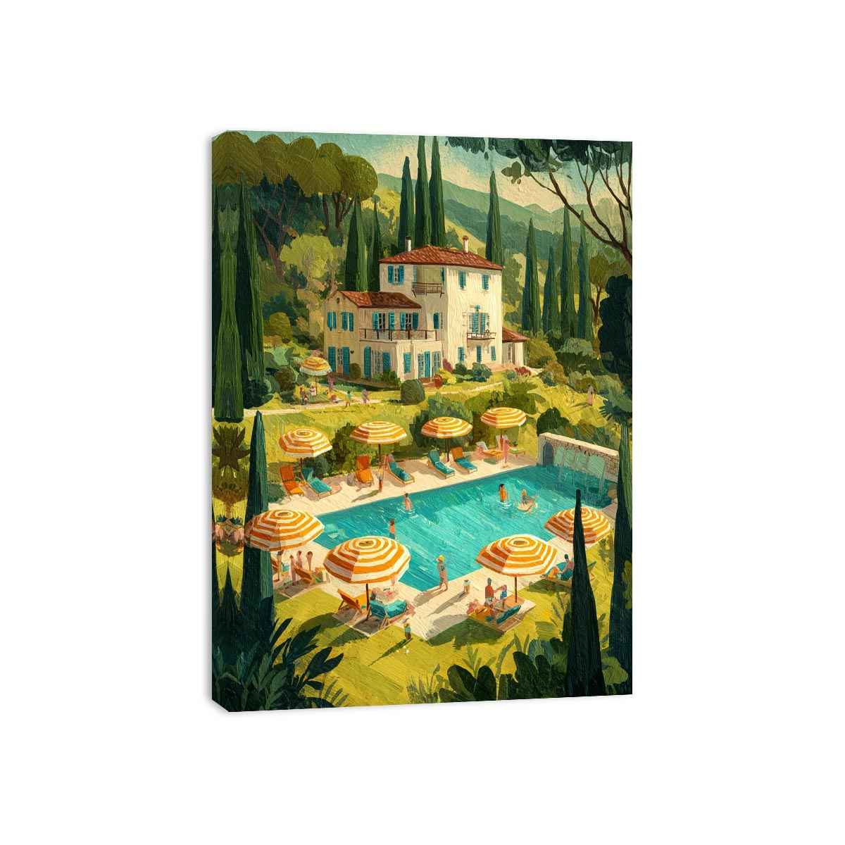 Mediterranean villa with pool artwork for elegant living room decor