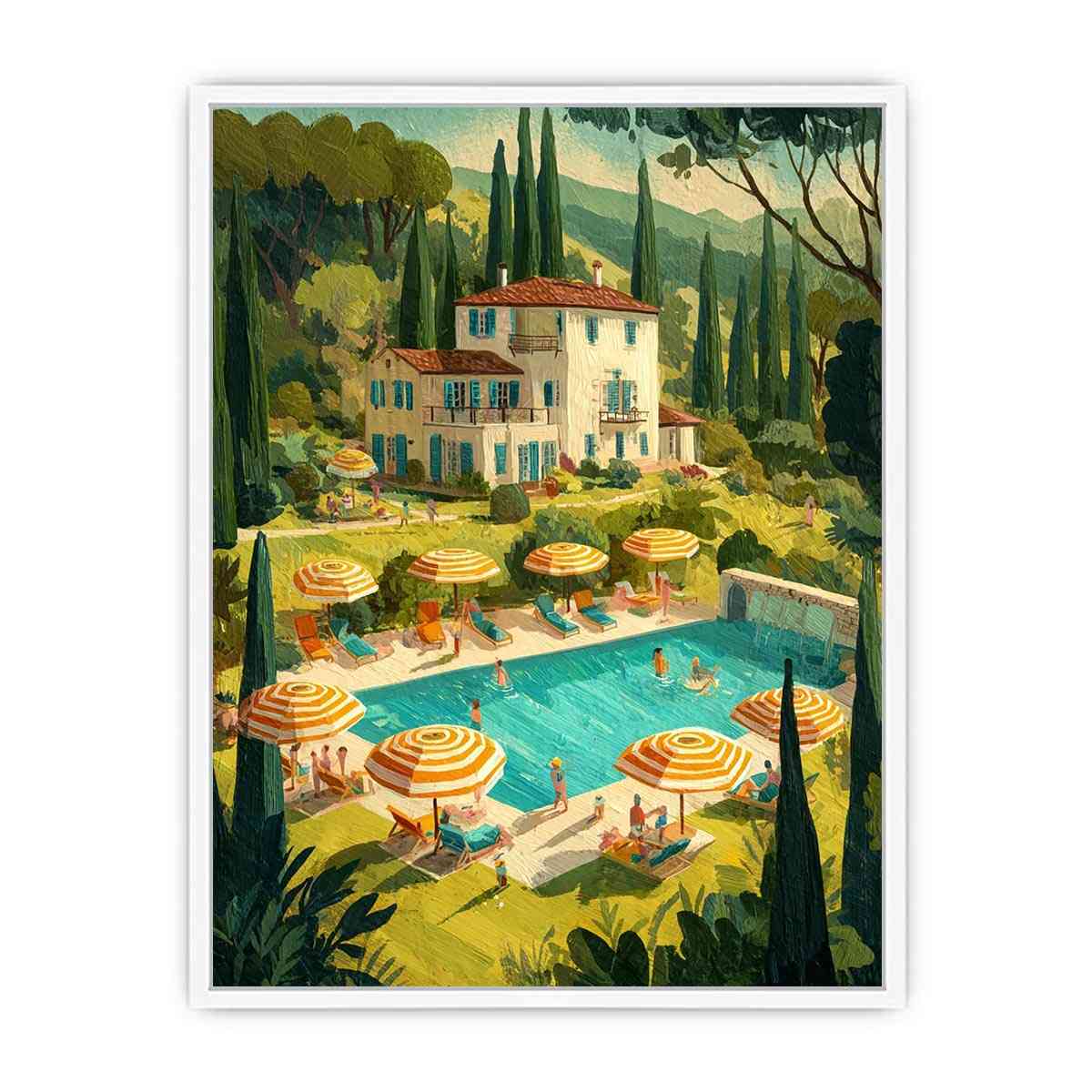 Mediterranean villa with pool artwork for elegant living room decor
