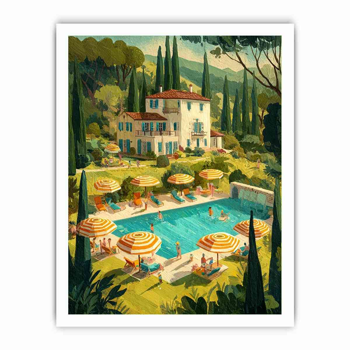 Mediterranean villa with pool artwork for elegant living room decor