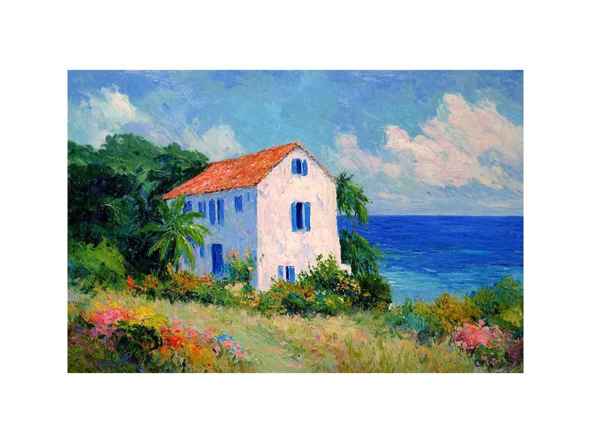 Seaside cottage with flowers artwork for elegant living room decor