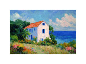 Seaside cottage with flowers artwork for elegant living room decor