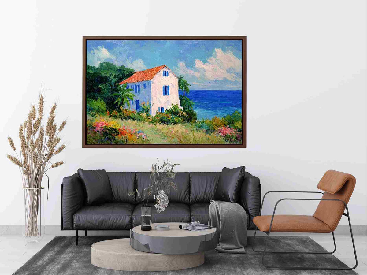 Seaside cottage with flowers artwork for elegant living room decor
