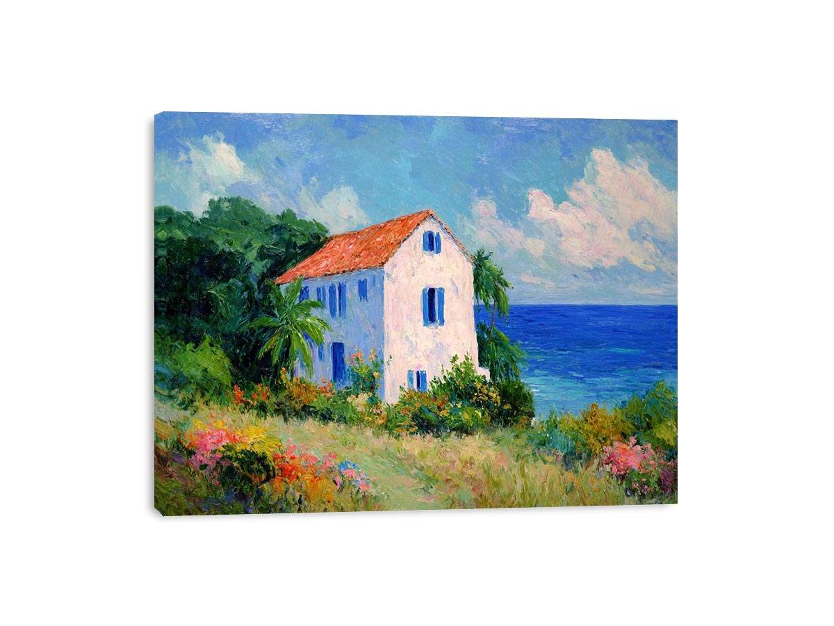 Seaside cottage with flowers artwork for elegant living room decor