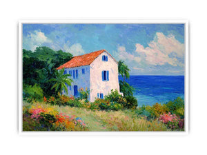 Seaside cottage with flowers artwork for elegant living room decor