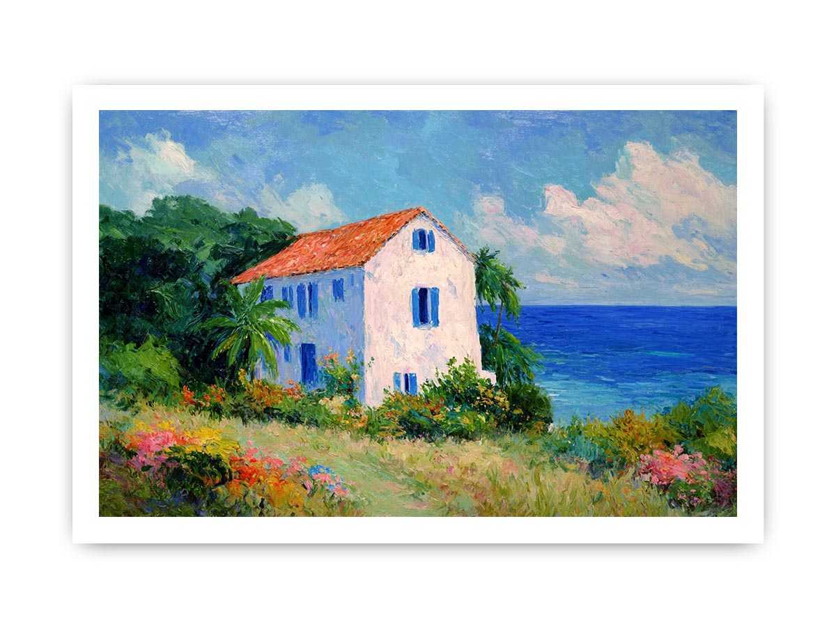 Seaside cottage with flowers artwork for elegant living room decor