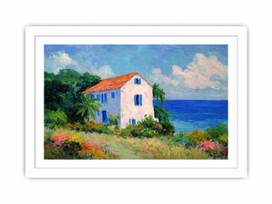 Seaside cottage with flowers artwork for elegant living room decor