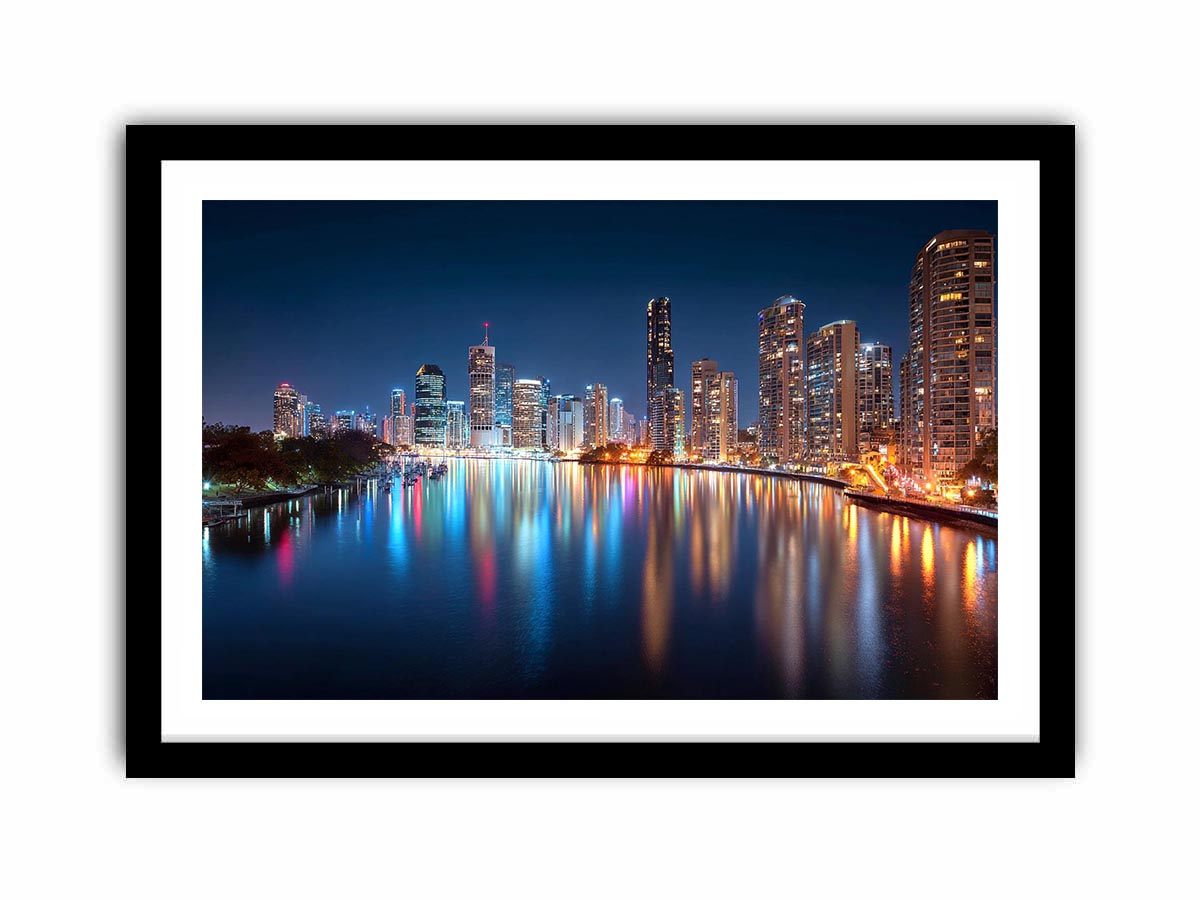 City skyline reflections night artwork for elegant living room decor