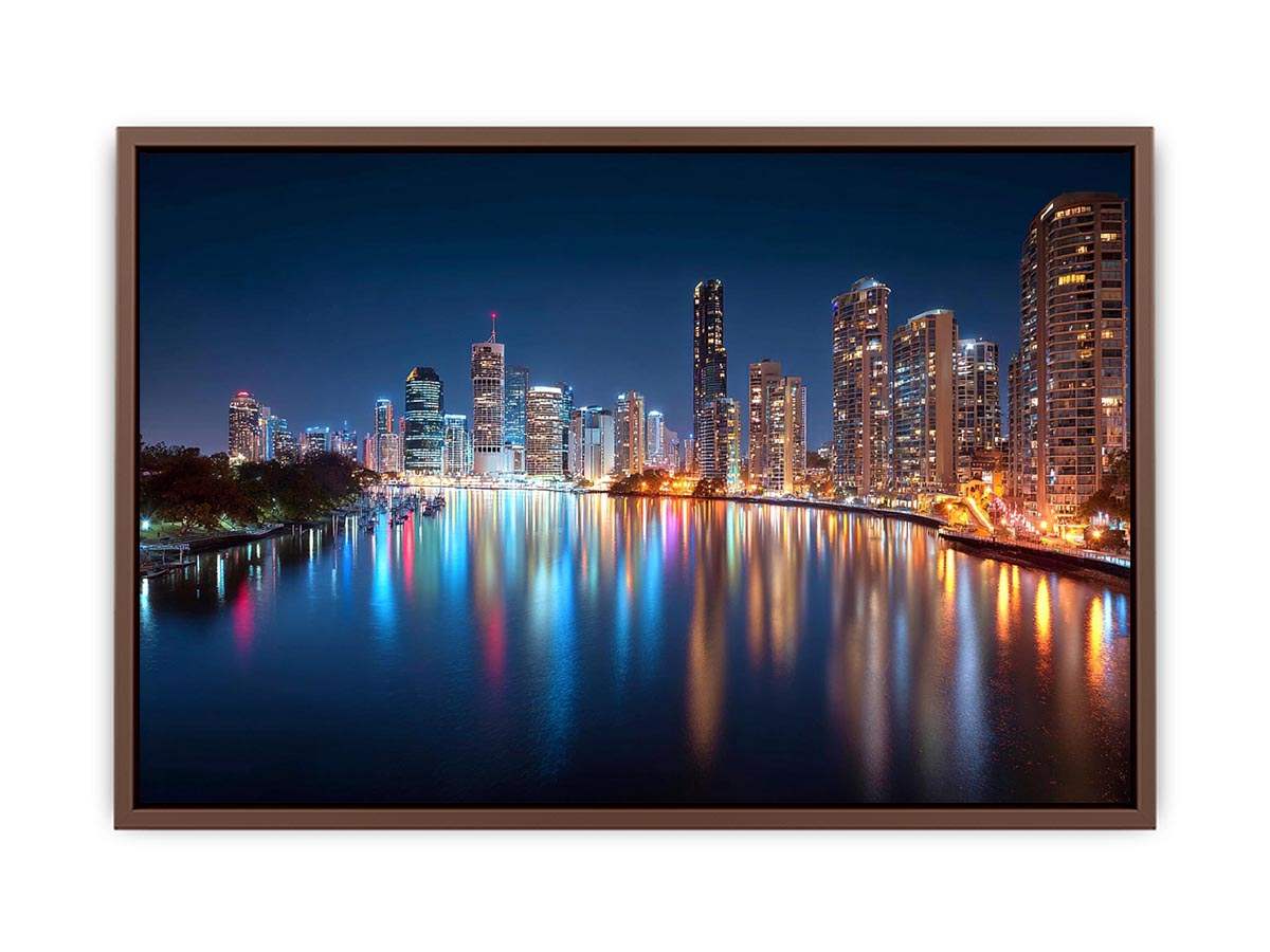 City skyline reflections night artwork for elegant living room decor