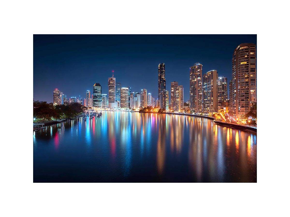 City skyline reflections night artwork for elegant living room decor