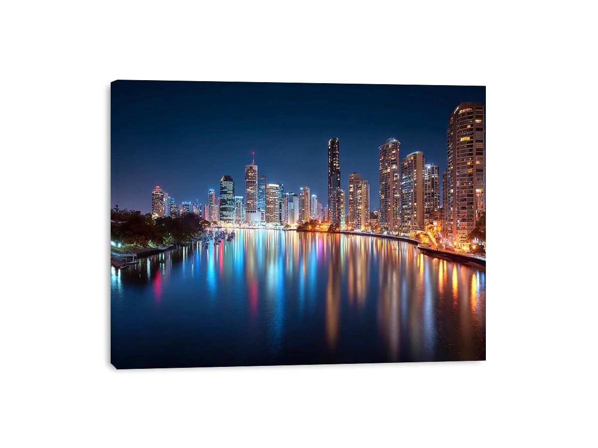 City skyline reflections night artwork for elegant living room decor