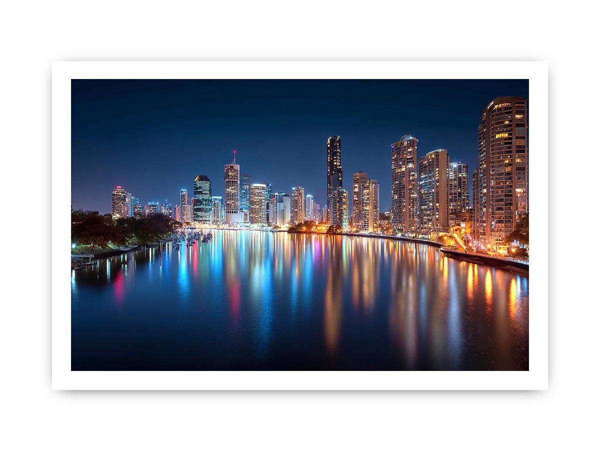 City skyline reflections night artwork for elegant living room decor