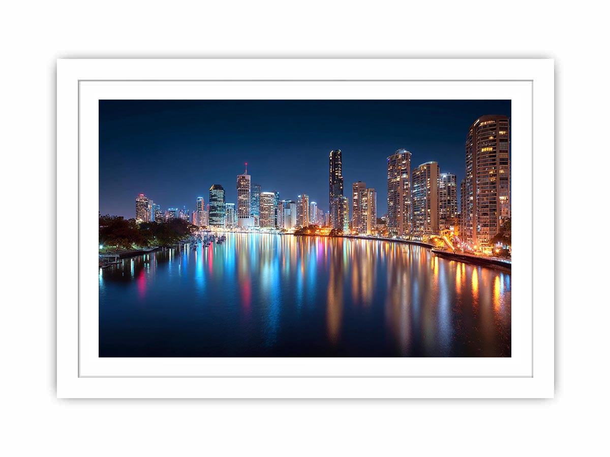 City skyline reflections night artwork for elegant living room decor