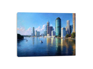 Modern riverside skyline day artwork for elegant living room decor