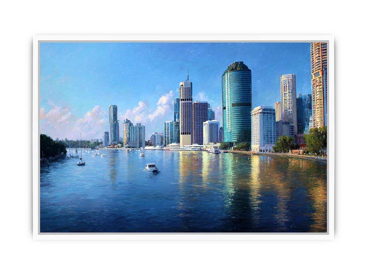 Modern riverside skyline day artwork for elegant living room decor